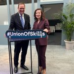 Roxana Mînzatu, Executive Vice-President for Social Rights and Skills, Quality Jobs and Preparedness and Cisco Chair and CEO Chuck Robbins.