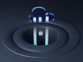 Illustration of cloud network security with a lock an arrows pointing to a translucent cloud.