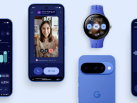 A sleek lineup of Google devices, including Pixel Buds, a Pixel smartphone, and a Pixel Watch.